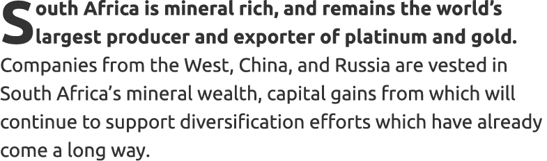 South Africa is mineral rich, and remains the world’s largest producer and exporter of platinum and gold. Companies f...