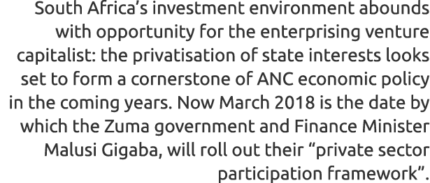 South Africa’s investment environment abounds with opportunity for the enterprising venture capitalist: the privatisa...